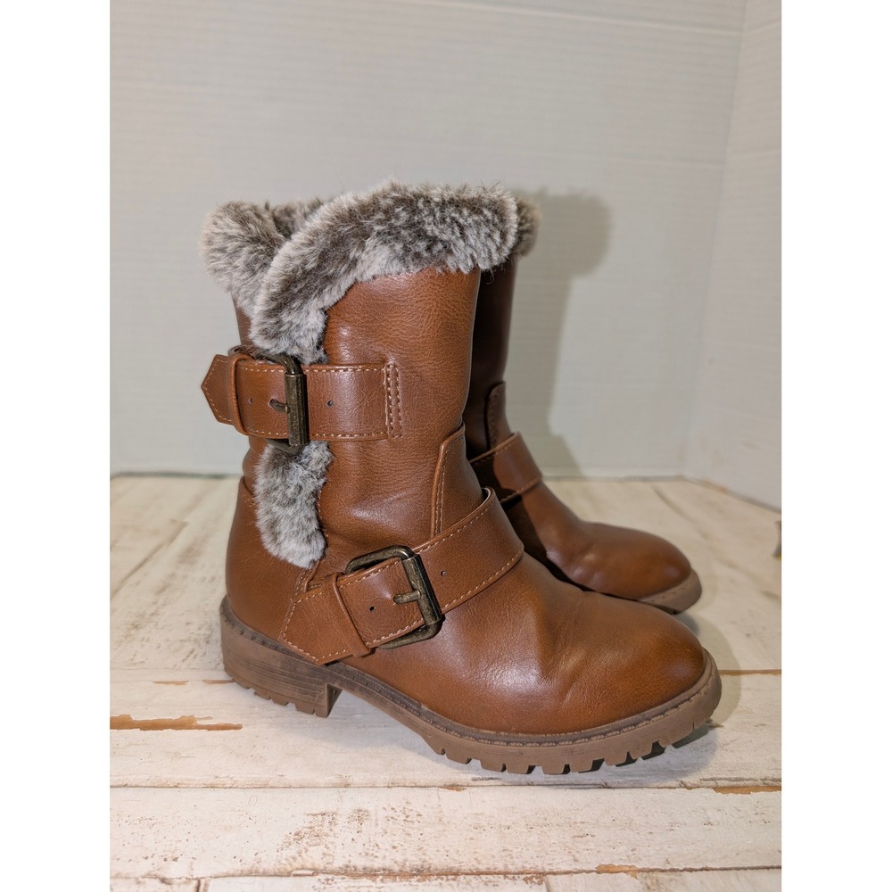 Kids Madden Girl Brown Leather Boots w Faux‎ Fur Buckle Accent Size 11